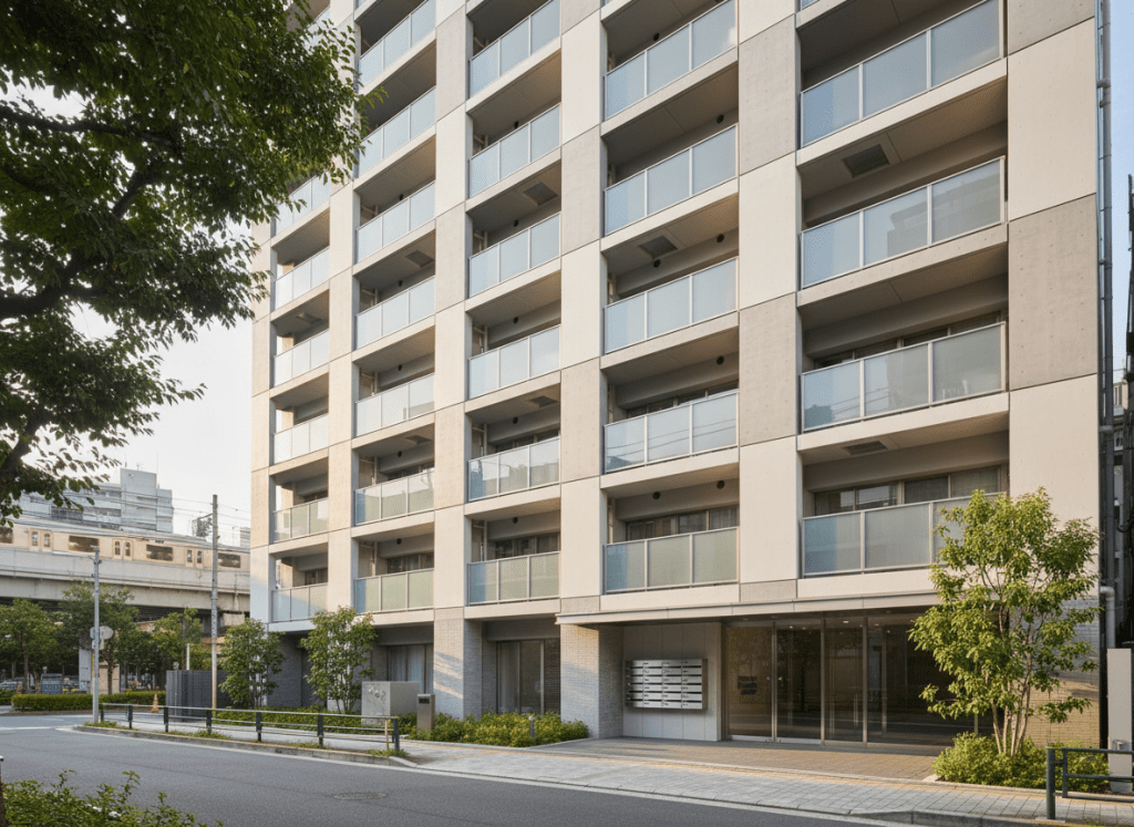 A contemporary mid-rise Japanese condominium facade in Tokyo, featuring alternating white and light gray concrete panels, clean glass balcony railings, and neatly aligned mailboxes at the entrance. The building stands along a quiet, tree-lined street with clearly marked sidewalks and a subtle view of a neighborhood train line in the distance. Soft late-afternoon natural light casts gentle shadows along the balconies, emphasizing the building’s geometric rhythm. Shot from a slightly elevated, eye-level angle with sharp focus throughout, the composition follows the rule of thirds, keeping the entrance slightly off-center. The mood is professional, calm, and orderly, with photographic realism and a clean, modern aesthetic suited to a real estate database.